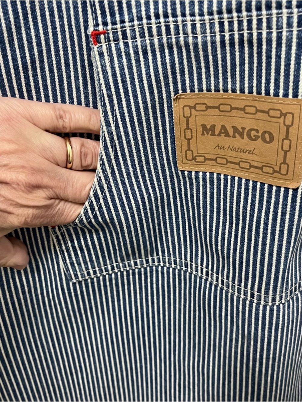 Vintage 90s MANGO Railroad Stripe Denim Pinafore Dress - Made in Canada - Size 7 - Picture 4 of 13